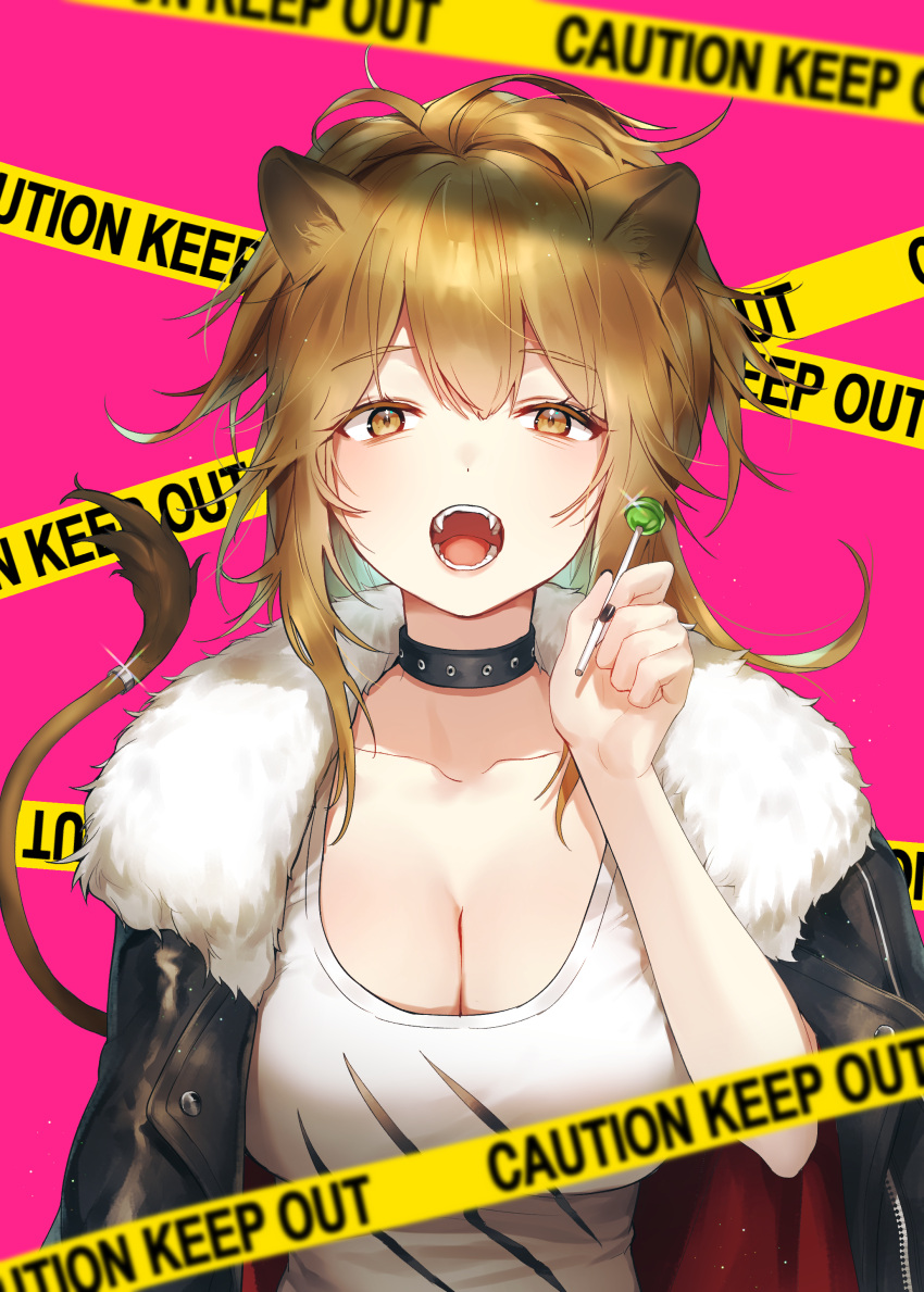 1girl :o absurdres animal_ears arknights black_jacket black_nails breasts brown_eyes brown_hair caution_tape collar collarbone fangs fur_collar glint hand_up highres holding_lollipop jacket large_breasts lion_ears lion_tail long_hair looking_at_viewer nail_polish open_mouth pink_background puckjjick_(belbesi19) shirt siege_(arknights) solo tail tail_ring upper_body white_shirt