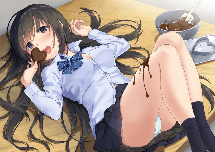 1girl ass black_hair black_legwear blue_skirt bow bowl bowtie breasts buttons candy chocolate chocolate_heart collared_shirt commentary crotch_seam dress_shirt food hair_spread_out hands_up happy_valentine heart highres holding holding_food knees_up ladle long_hair looking_at_viewer lying medium_breasts miniskirt on_back open_mouth original panties pleated_skirt school_uniform shirt skirt socks solo thighs tongue tongue_out unasaka_ryou underwear very_long_hair violet_eyes white_panties white_shirt