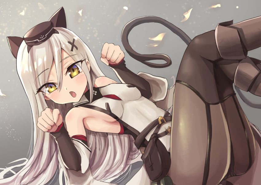 1girl animal_ears ash_arms ass bangs belt black_belt black_footwear black_headwear black_legwear boots breasts cat_ears cat_tail covered_navel dress eyebrows_visible_through_hair garter_straps hair_ornament hat knee_boots legs light_blush long_hair looking_at_viewer lying masa_tarou on_back open_mouth pantyhose paw_pose pouch sleeveless sleeveless_dress small_breasts solo swept_bangs tail vk16.02_leopard_(ash_arms) white_dress x_hair_ornament yellow_eyes