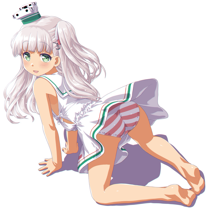 1girl all_fours anchor_hair_ornament ass bangs barefoot blunt_bangs dd_(ijigendd) dress from_behind hair_ornament hair_ribbon hat highres kantai_collection long_hair looking_at_viewer low-cut_armhole maestrale_(kantai_collection) mini_hat one_side_up panties ribbon sailor_dress silver_hair simple_background sleeveless sleeveless_dress solo striped striped_panties underwear white_background white_dress white_ribbon