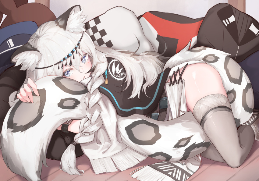 1girl animal_ear_fluff animal_ears animal_print arknights blue_eyes commentary_request grey_hair grey_legwear highres kashiyarrm leopard_ears leopard_print leopard_tail looking_at_viewer lying on_side parted_lips pramanix_(arknights) solo tail tail_hug thigh-highs