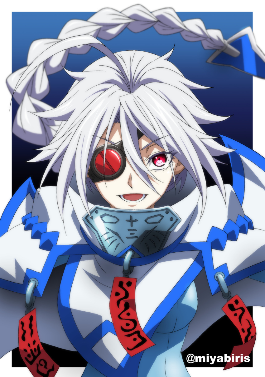 1girl absurdres ahoge bare_shoulders blazblue braid breasts eyebrows_visible_through_hair eyepatch grey_hair highres long_hair looking_at_viewer medium_breasts miyabi_mt-b nu-13 open_mouth red_eyes single_braid upper_body very_long_hair