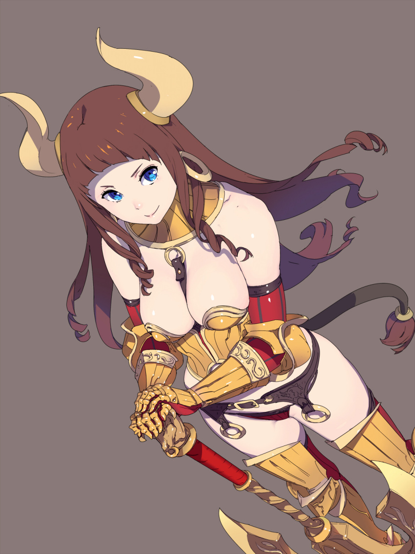 1girl armor axe bangs bare_shoulders battle_axe bikini_armor blue_eyes blunt_bangs breasts brown_hair closed_mouth cow_girl dutch_angle earrings elbow_gloves feet_out_of_frame floating_hair garter_belt gauntlets gloves grey_background hands_on_hilt highres hisho_collection hoop_earrings horns jewelry large_breasts looking_at_viewer metal_boots nagisa_kurousagi red_gloves red_legwear simple_background smile solo standing thigh-highs weapon