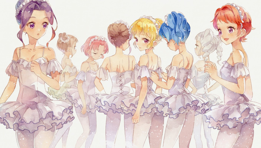 6+girls :d aikatsu! aikatsu!_(series) alternate_hairstyle arisugawa_otome back bad_source ballerina blonde_hair blue_hair brown_hair closed_eyes drill_hair from_behind from_side hair_bun hair_up hoshimiya_ichigo ichinose_kaede kanzaki_mizuki katou_akatsuki kiriya_aoi kitaouji_sakura leotard multiple_girls open_mouth pantyhose profile purple_hair redhead shibuki_ran sidelocks smile toudou_yurika twin_drills