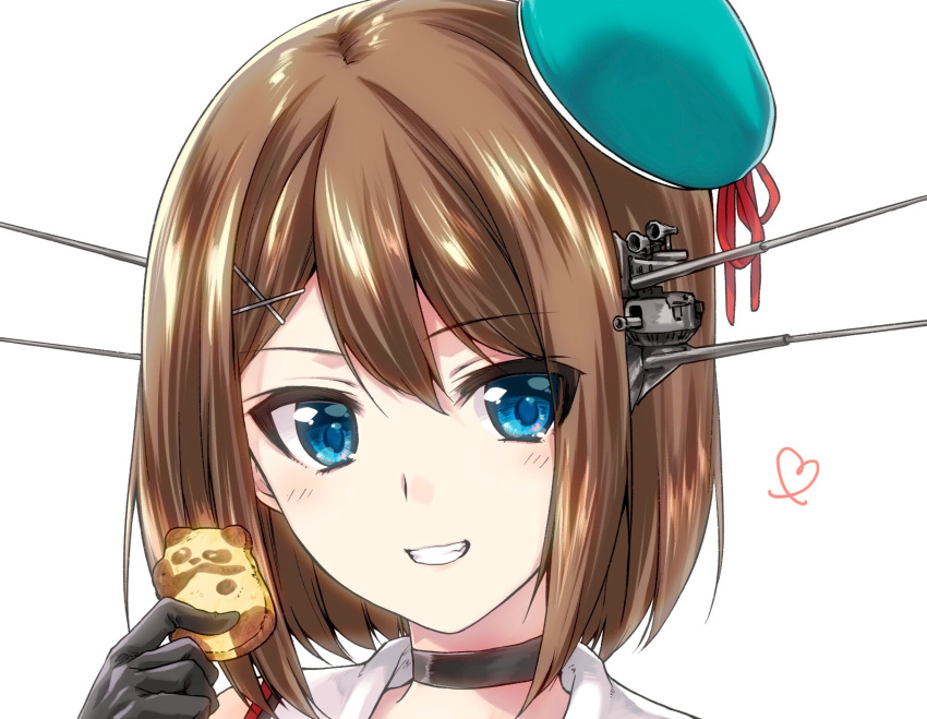 1girl bangs beret black_choker black_gloves blue_eyes brown_hair choker commentary cookie eyebrows_visible_through_hair food gloves green_headwear grin hair_ornament hairclip hat headgear heart highres holding holding_food kantai_collection kuroi_mimei looking_at_viewer maya_(kantai_collection) remodel_(kantai_collection) short_hair simple_background smile solo white_background x_hair_ornament