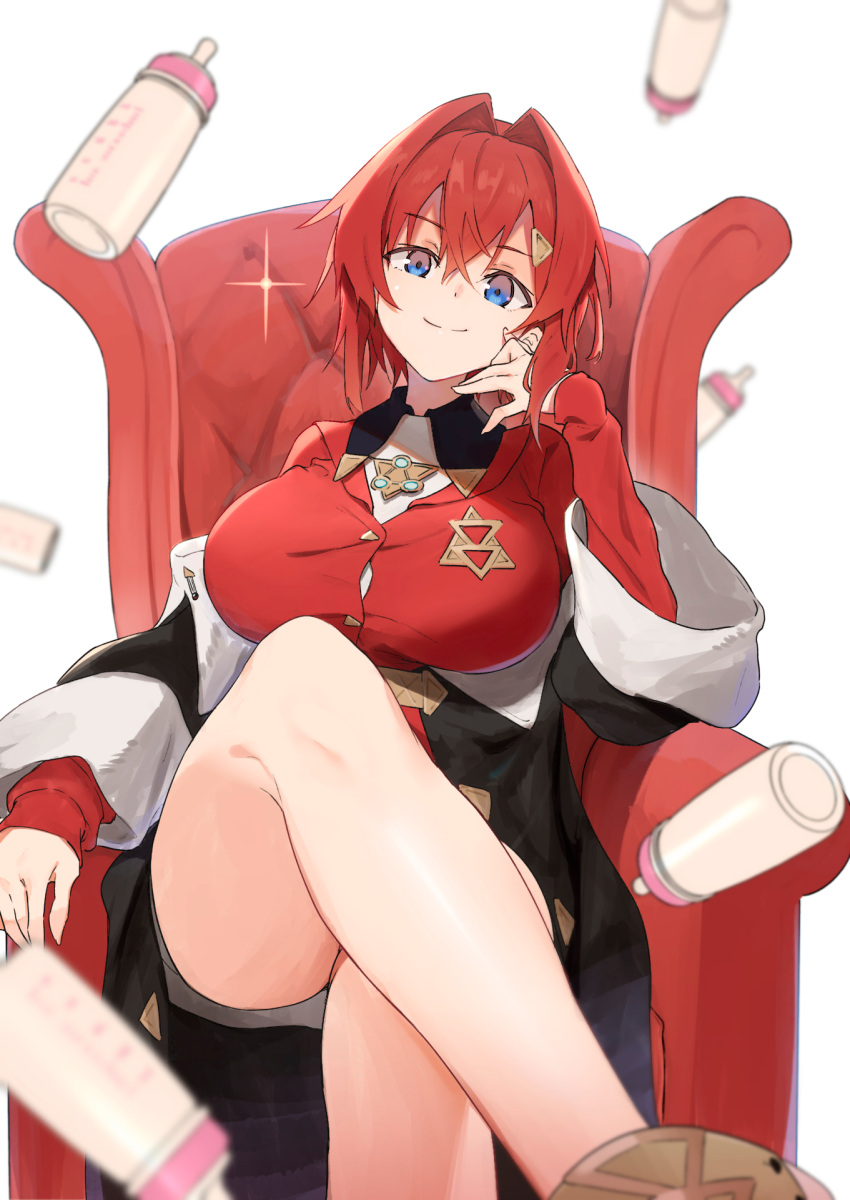 1girl alternate_breast_size ange_katrina blue_eyes bottle breasts chair commentary_request crossed_legs hair_intakes hair_ornament hairclip highres large_breasts looking_at_viewer milk_bottle muteki_soda nijisanji redhead short_hair sitting smile solo thighs virtual_youtuber