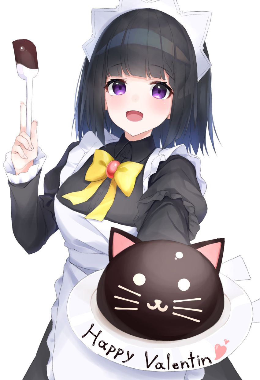 1girl :d absurdres apron bangs black_dress black_hair bow breasts chocolate collared_dress commentary_request dress eyebrows_visible_through_hair frilled_apron frills happy_valentine hashiko_nowoto heart highres holding holding_plate long_sleeves maid_apron open_mouth original plate puffy_short_sleeves puffy_sleeves short_over_long_sleeves short_sleeves simple_background small_breasts smile solo spatula valentine violet_eyes white_apron white_background yellow_bow