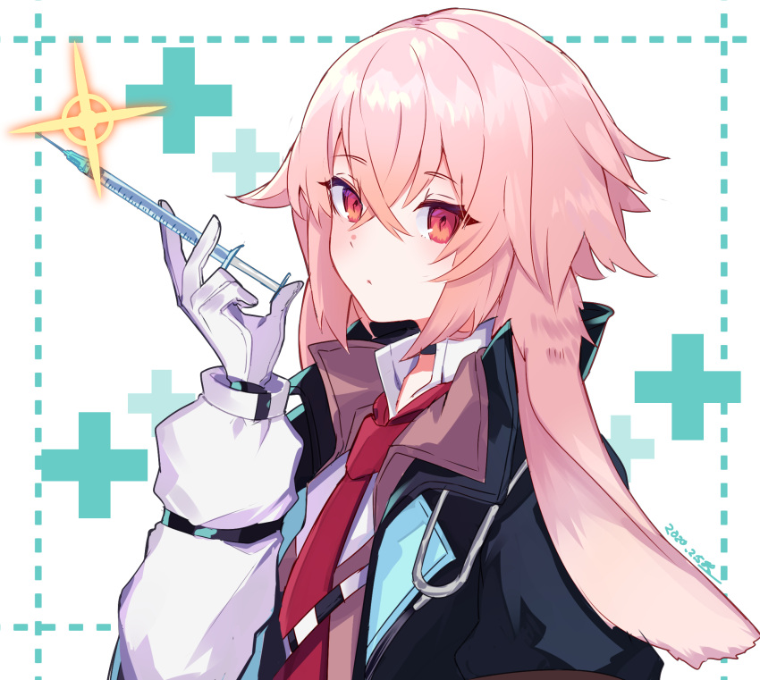 1boy animal_ears ansel_(arknights) arknights black_jacket blush eyebrows_visible_through_hair gloves highres jacket long_hair long_sleeves looking_at_viewer macchoko necktie pink_hair rabbit_ears red_eyes red_neckwear solo stethoscope syringe white_background