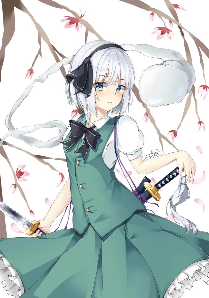 1girl bangs black_bow black_hairband black_ribbon blue_eyes blunt_bangs blush bob_cut bow bowtie cherry_blossoms collared_shirt eyebrows_visible_through_hair frilled_skirt frills green_skirt green_vest hair_ribbon hairband highres hitodama holding holding_weapon katana konpaku_youmu konpaku_youmu_(ghost) looking_at_viewer motoq puffy_short_sleeves puffy_sleeves ribbon scabbard sheath sheathed shirt short_hair short_sleeves silver_hair skirt skirt_set sword touhou tree vest wakizashi weapon white_hair white_shirt