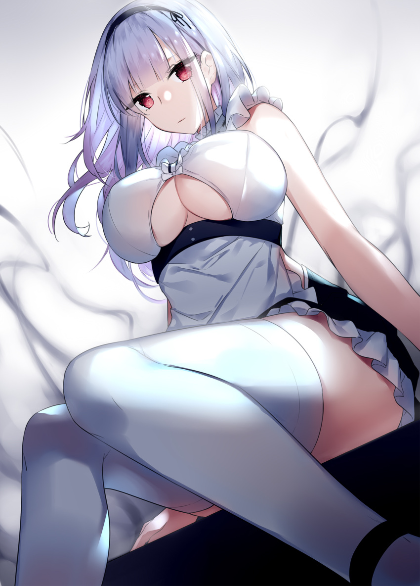 1girl :| apron arm_support aura azur_lane bangs black_footwear black_hairband black_skirt blunt_bangs breasts center_frills choker closed_mouth commentary_request cowboy_shot dido_(azur_lane) dutch_angle eyebrows_visible_through_hair frilled_apron frilled_choker frilled_skirt frills from_below hairband highres knees_together_feet_apart lace-trimmed_hairband large_breasts long_hair looking_at_viewer maid maid_apron red_eyes shirt sidelocks silver_hair sitting skirt sleeveless sleeveless_shirt solo thigh-highs touwa_nikuman under_boob underboob_cutout waist_apron white_apron white_background white_legwear white_shirt zettai_ryouiki