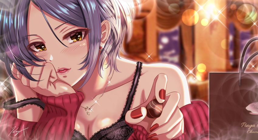 1girl bag bangs black_tank_top blue_hair blurry blurry_background blush candy chocolate close-up ear_piercing floral_print food glowing hair_between_eyes hand_on_own_face hayami_kanade heart heart_necklace idolmaster idolmaster_cinderella_girls indoors jewelry koya_(koya_x_00) looking_at_viewer nail_polish necklace off-shoulder_sweater off_shoulder open_mouth parted_bangs piercing restaurant ribbed_sweater shopping_bag short_hair signature solo sparkle sweater tank_top upper_body valentine window yellow_eyes