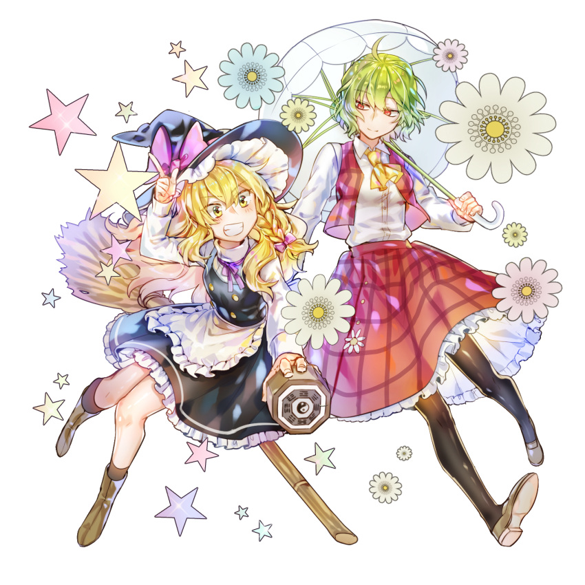 apron ascot black_dress black_legwear blonde_hair boots bow braid broom broom_riding brown_footwear buttons dress flower frilled_dress frilled_skirt frills green_hair hair_bow hat hat_bow here_(hr_rz_ggg) highres kazami_yuuka kirisame_marisa long_sleeves looking_at_another mini-hakkero parasol plaid plaid_skirt plaid_vest purple_bow red_eyes red_skirt red_vest shirt short_hair simple_background single_braid skirt skirt_set star touhou umbrella vest waist_apron wavy_hair white_background white_shirt witch_hat yellow_eyes yellow_neckwear