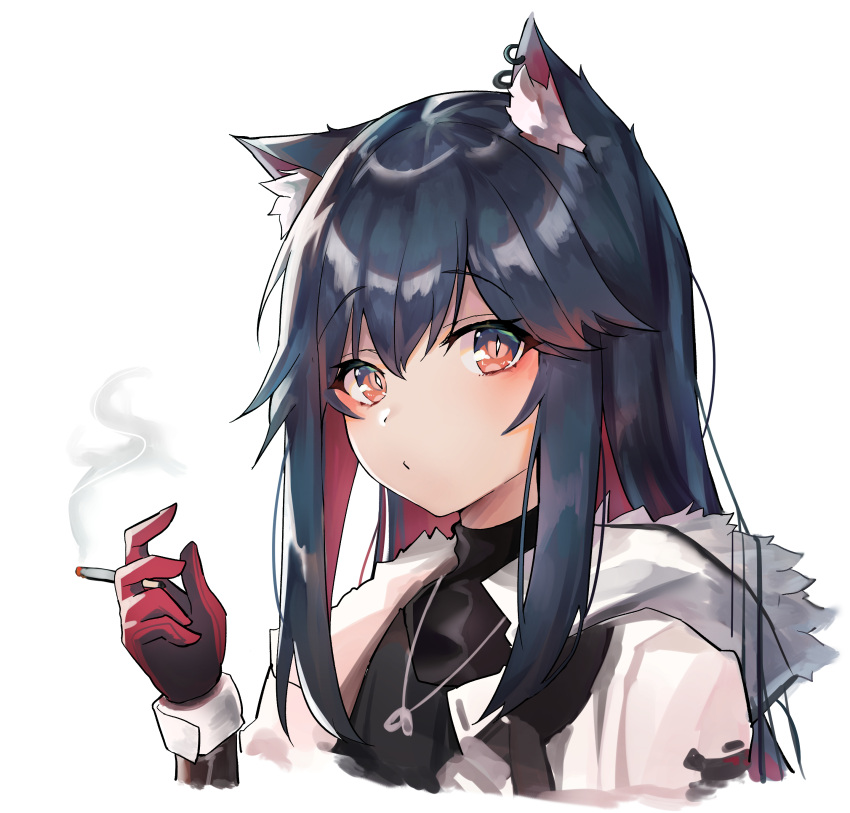 1girl absurdres animal_ear_fluff animal_ears arknights bangs between_fingers black_hair black_shirt brown_eyes cigarette closed_mouth commentary cropped_torso ear_piercing eyebrows_visible_through_hair fur-trimmed_jacket fur_trim gloves hair_between_eyes hand_up highres holding holding_cigarette jacket long_hair looking_at_viewer meow_nyang multicolored_hair open_clothes open_jacket piercing red_gloves redhead shirt sidelocks simple_background smoke solo texas_(arknights) two-tone_hair upper_body white_background white_jacket