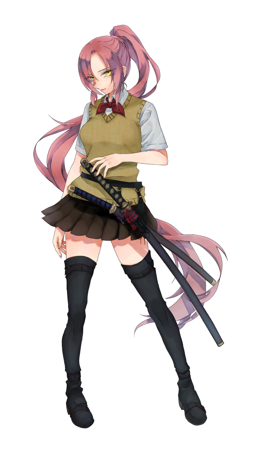 1girl absurdres boots brown_hair highres katana knee_boots original pink_hair ponytail ranran_teto standing sword tachi-e uniform weapon