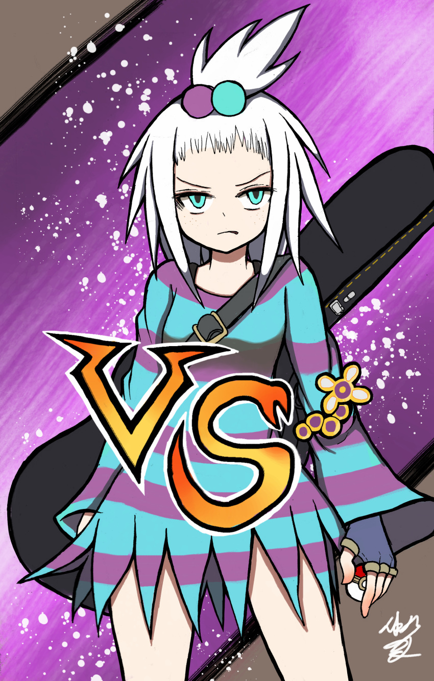 1girl absurdres blue_eyes dkqkaehf1234 dress fingerless_gloves forehead freckles gloves guitar_case gym_leader hair_bobbles hair_ornament highres homika_(pokemon) instrument_case long_sleeves poke_ball pokemon pokemon_(game) pokemon_bw2 short_hair solo striped striped_dress vs white_hair