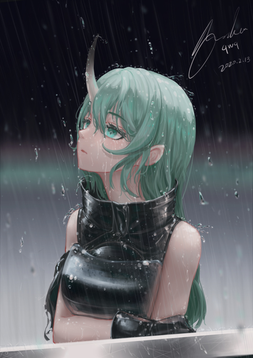1girl absurdres anhao1224 arknights bangs bare_shoulders black_gloves breasts dated gloves green_eyes green_hair hair_between_eyes hand_on_own_arm highres holding_arm horn hoshiguma_(arknights) large_breasts long_hair looking_away looking_up oni_horns rain signature sleeveless solo turtleneck upper_body wet