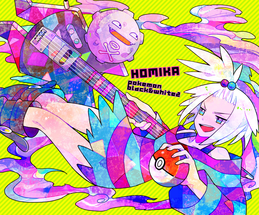 bass_guitar blue_eyes dress forehead freckles gen_1_pokemon guitar hair_bobbles hair_ornament highres homika_(pokemon) instrument koffing long_sleeves nagare750 poke_ball pokemon pokemon_(game) pokemon_bw2 short_hair striped striped_dress