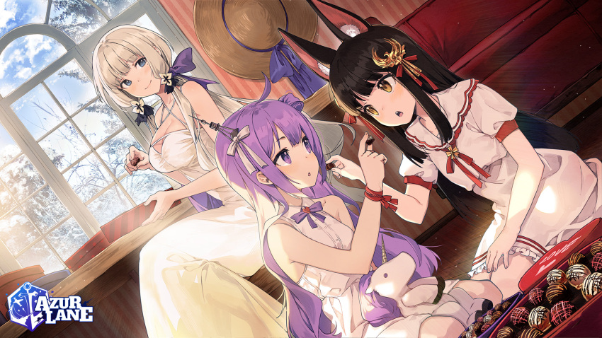 3girls animal_ears azur_lane bangs bare_shoulders black_hair blue_eyes blue_sky bow box branch breasts character_request chocolate closed_mouth commentary_request criss-cross_halter dress feeding hair_bun halterneck hat highres illustrious_(azur_lane) indoors kneeling large_breasts long_hair looking_at_another low_ponytail mole mole_under_eye multiple_girls nagato_(azur_lane) nagu official_art one_side_up open_mouth petite purple_hair red_ribbon ribbon short_sleeves side_bun sitting sky smile strapless strapless_dress stuffed_alicorn stuffed_animal stuffed_toy stuffed_unicorn sun_hat table tree tri_tails unicorn_(azur_lane) valentine violet_eyes white_bow white_dress white_headwear window yellow_eyes