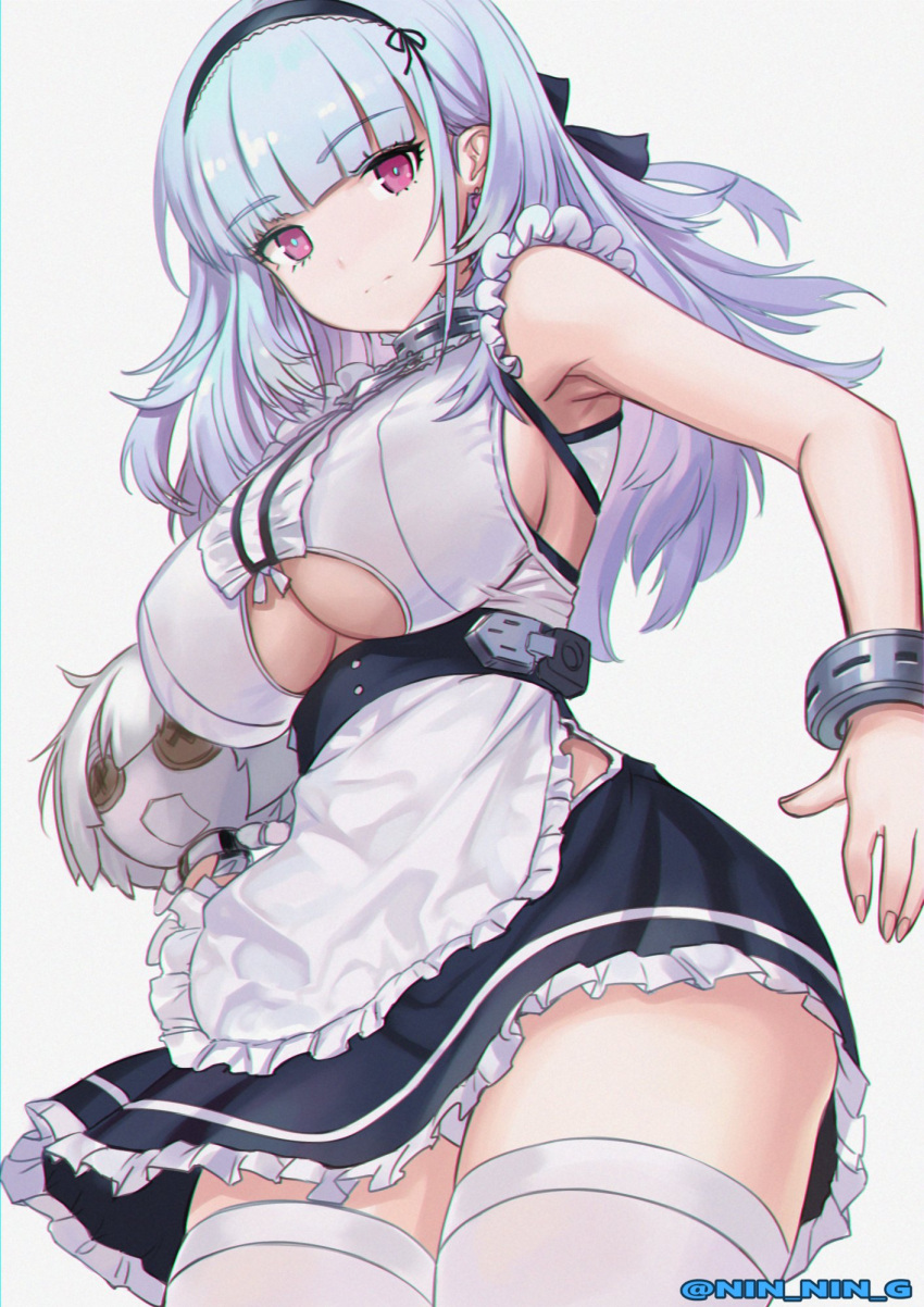 1girl anchor_choker anchor_necklace apron armpits azur_lane bangs black_hairband breasts center_frills choker closed_mouth dido_(azur_lane) doll earrings eyebrows_visible_through_hair frilled_apron frilled_choker frills from_below hairband highres holding holding_doll jewelry lace-trimmed_hairband large_breasts long_hair looking_at_viewer maid_apron ninnin_(shishitou) shirt sideboob silver_hair sleeveless sleeveless_shirt thigh-highs thighs under_boob underboob_cutout waist_apron white_apron wrist_cuffs