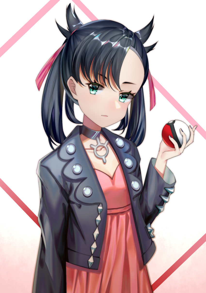 1girl aqua_eyes asymmetrical_bangs asymmetrical_hair bangs black_hair black_jacket black_nails blush breasts choker collarbone commentary_request dress earrings gen_8_pokemon hair_ribbon highres holding holding_poke_ball jacket jewelry long_sleeves looking_at_viewer mary_(pokemon) ooapertureoo open_clothes pink_dress poke_ball pokemon pokemon_(game) pokemon_swsh red_ribbon ribbon simple_background small_breasts solo twintails white_background