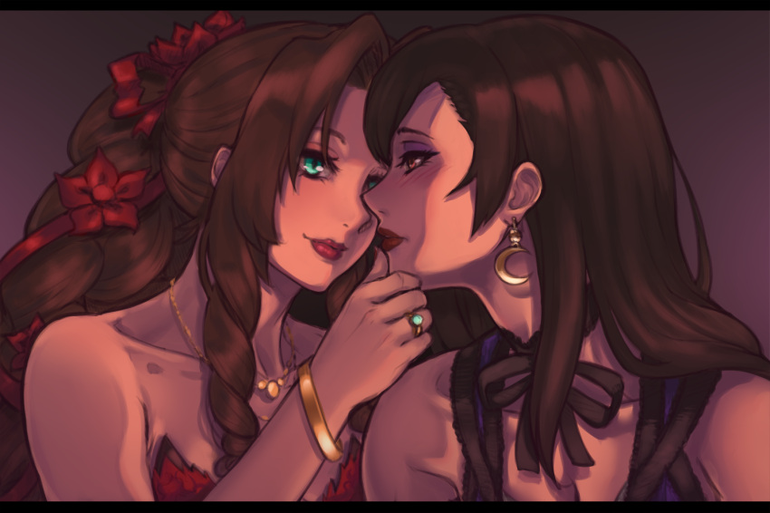 2girls aerith_gainsborough black_hair bloopiest blush bow bracelet brown_eyes brown_hair dark_background dress drill_hair eyelashes final_fantasy final_fantasy_vii final_fantasy_vii_remake green_eyes hair_bow hair_ribbon hand_on_another's_chin imminent_kiss jewelry lipstick long_hair makeup multiple_girls neck_ribbon necklace purple_dress red_dress ribbon ring smile tifa_lockhart twin_drills yuri