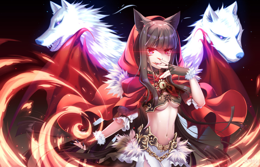 animal_ears black_hair breasts cape commentary_request crop_top demon_wings fang faulds fingernails fire fur_trim glowing glowing_eyes gold_trim hand_up hood hooded_cape kureha_(sound_voltex) little_red_riding_hood long_hair looking_at_viewer medium_breasts midriff navel no_bra nogi-to parted_lips red_eyes sharp_fingernails sound_voltex stomach under_boob upper_body very_long_hair wings wolf wolf_ears