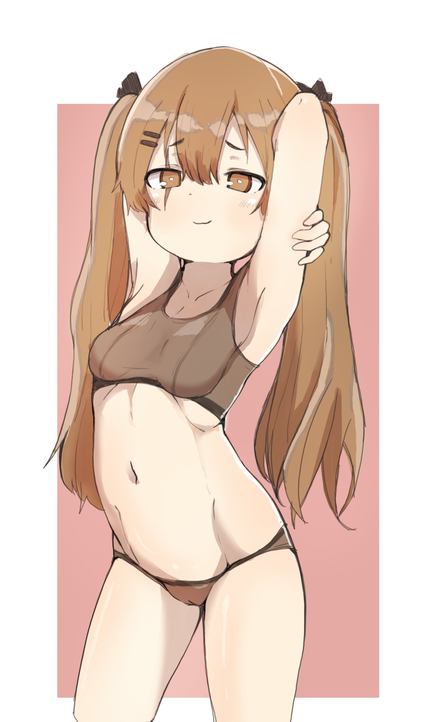 1girl absurdres armpits arms_behind_head arms_up bangs black_bra black_panties black_ribbon bra breasts bright_pupils brown_eyes brown_hair closed_mouth commentary cowboy_shot girls_frontline hair_ornament hair_ribbon hairclip half-closed_eyes highres long_hair looking_at_viewer navel outside_border panties pink_background ribbon ribs s10021 small_breasts smirk solo standing ump9_(girls_frontline) underwear underwear_only white_pupils