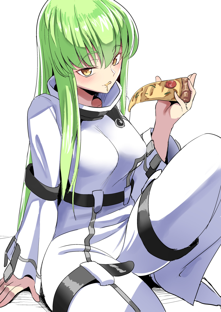 1girl absurdres bangs blush breasts c.c. code_geass eating eyebrows_visible_through_hair food green_hair highres looking_at_viewer manno_(kanpi2100) pizza simple_background smile straitjacket white_background yellow_eyes