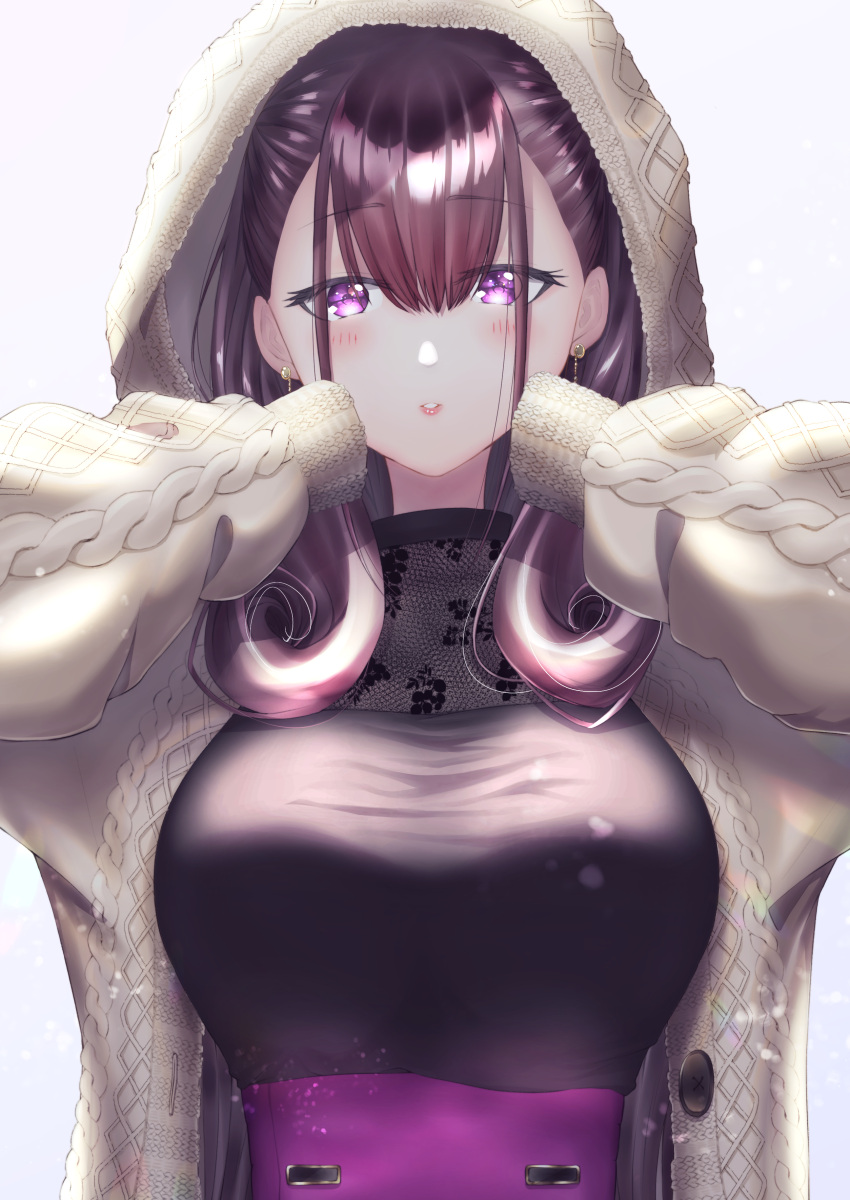 1girl absurdres bangs black_dress blush breasts brown_hair dress fate/grand_order fate_(series) hair_between_eyes highres hood hood_up hooded_sweater large_breasts long_hair long_sleeves looking_at_viewer murasaki_shikibu_(fate) parted_lips shiny shiny_hair simple_background solo sweater tobi_(pixiv41237754) violet_eyes white_background white_sweater