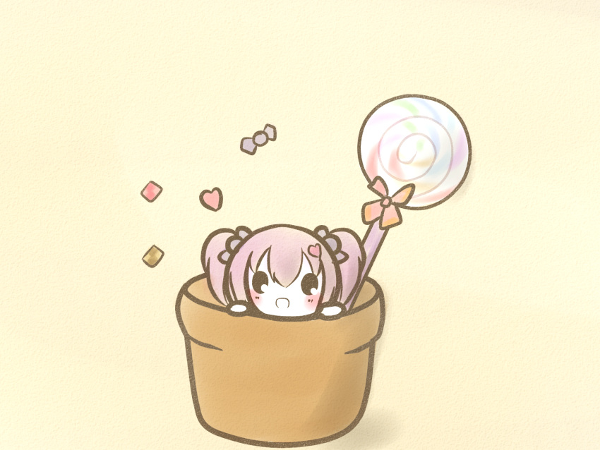 1girl :o beige_background blush candy chibi commentary_request flower_knight_girl flower_pot food hair_ornament heart heart_hair_ornament highres iberis_(flower_knight_girl) in_container koti lavender_hair lollipop looking_at_viewer open_mouth smile solid_oval_eyes solo swirl_lollipop twintails wrapped_candy