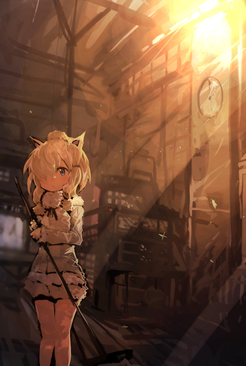 1girl :/ absurdres alpaca_ears alpaca_suri_(kemono_friends) animal_ears blonde_hair blue_eyes bodystocking broom closed_mouth counter feet_out_of_frame fur_collar hair_bun highres holding holding_broom indoors kaamin_(mariarose753) kemono_friends light_rays long_sleeves looking_down looking_to_the_side medium_hair shorts solo standing sunbeam sunlight sweater_vest twilight