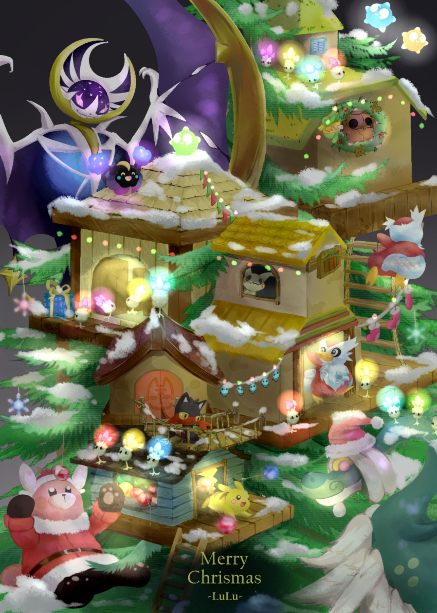 :d ^_^ artist_name bear bewear black_eyes christmas christmas_tree closed_eyes cosmog delibird drampa gen_1_pokemon gen_2_pokemon gen_7_pokemon happy hat highres litten littlelluu looking_at_another looking_at_viewer lunala merry_christmas mimikyu minior morelull no_humans open_mouth pikachu pokemon santa_costume santa_hat smile violet_eyes