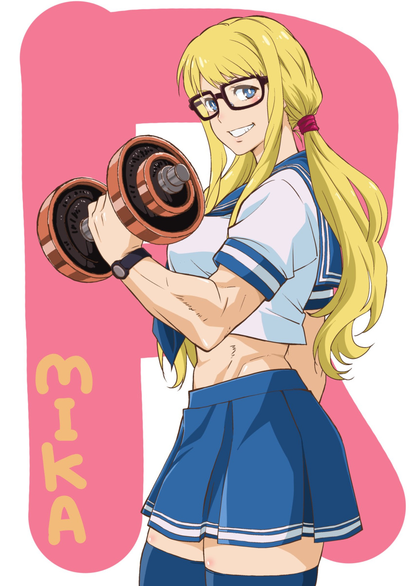 1girl blon blonde_hair blue_eyes dumbbell glasses highres makinaru muscle pig_tail rainbow_mika school_uniform skirt smile street_fighter tail thigh-highs watch