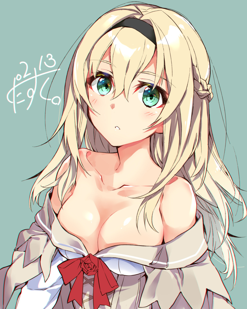 1girl absurdres aqua_background aqua_eyes black_hairband blonde_hair blush braid breasts collarbone dated dress flower french_braid hair_between_eyes hairband highres kantai_collection large_breasts long_hair narumiya_(empty_cafe) off-shoulder_dress off_shoulder parted_lips red_flower red_ribbon red_rose ribbon rose signature simple_background solo upper_body warspite_(kantai_collection) white_dress