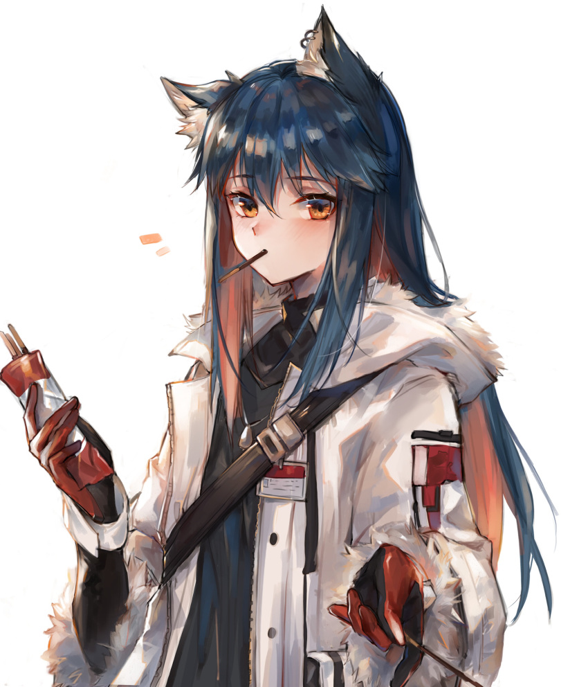 1girl animal_ear_fluff animal_ears arknights black_hair black_shirt food gloves highres holding hood hood_down hooded_jacket id_card jacket long_hair long_sleeves looking_at_viewer mouth_hold multicolored_hair open_clothes open_jacket orange_eyes pocky ryuuji_teitoku shirt simple_background solo strap texas_(arknights) two-tone_hair upper_body white_background white_jacket wolf_ears