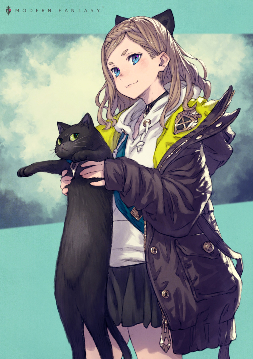 1girl :&lt; :3 animal black_bow black_cat black_jacket black_skirt blue_eyes blush bow braid braided_bangs brown_hair cat choker closed_mouth commentary_request cowboy_shot drawstring flat_chest hair_behind_ear hair_bow highres holding holding_animal hood hood_down hooded_jacket hoodie jacket kusano_shinta long_sleeves looking_at_viewer looking_away open_clothes open_jacket original pleated_skirt pocket sideways_glance skirt smile unzipped white_hoodie