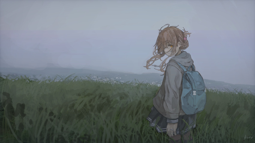 1girl backpack bag bangs black_legwear black_skirt brown_eyes brown_hair closed_mouth eyebrows_visible_through_hair folded_ponytail from_behind grass head_tilt hood hood_down hooded_jacket hoodie inazuma_(kantai_collection) jacket jewelry kantai_collection kuro4221 long_sleeves outdoors pantyhose pleated_skirt ponytail ring sidelocks signature skirt sky solo standing wedding_band