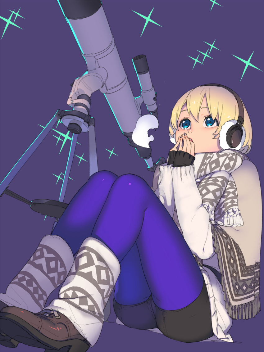 1girl bike_shorts blanket blonde_hair blue_eyes breath brown_footwear dutch_angle earmuffs highres hisho_collection leg_warmers legs_together long_sleeves looking_up nagisa_kurousagi own_hands_together pantyhose purple_background purple_legwear scarf shoes short_hair simple_background sitting sleeves_past_wrists solo star sweater telescope white_scarf white_sweater