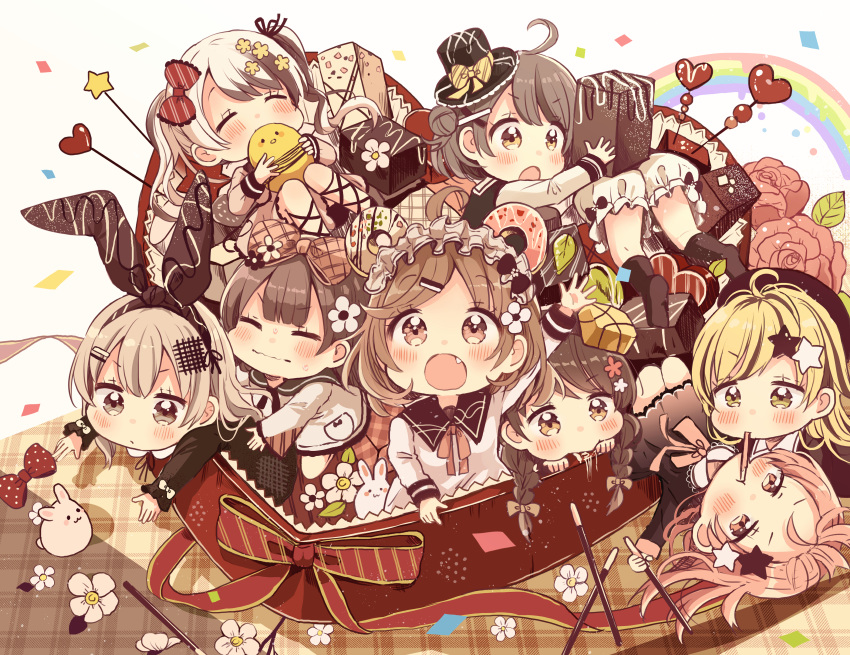 6+girls :o absurdres animal arm_up bird black_dress black_legwear black_sailor_collar black_shirt blonde_hair bow box brown_bow brown_eyes brown_hair brown_ribbon chibi chick closed_eyes closed_mouth commentary_request diagonal-striped_bow diagonal_stripes doughnut dress eating fang flower food food_in_mouth hair_bow hair_flower hair_ornament hair_ribbon heart heart-shaped_box highres holding holding_food in_box in_container kneehighs knees_together_feet_apart knees_up light_brown_hair long_hair long_sleeves multicolored_hair multiple_girls open_mouth original personification pink_flower pink_rose pocky rabbit rainbow red_bow ribbon rose sailor_collar sailor_dress sakura_oriko shared_food shirt star star_hair_ornament striped two-tone_hair valentine wavy_mouth white_background white_bloomers white_dress white_flower white_hair white_sailor_collar