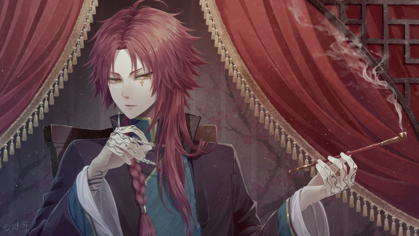 1boy ahoge angel31424 arm_tattoo bangs black_jacket braid commentary_request copyright_request hand_tattoo holding holding_pipe jacket long_hair male_focus pipe redhead single_braid slit_pupils smoke solo tattoo yellow_eyes
