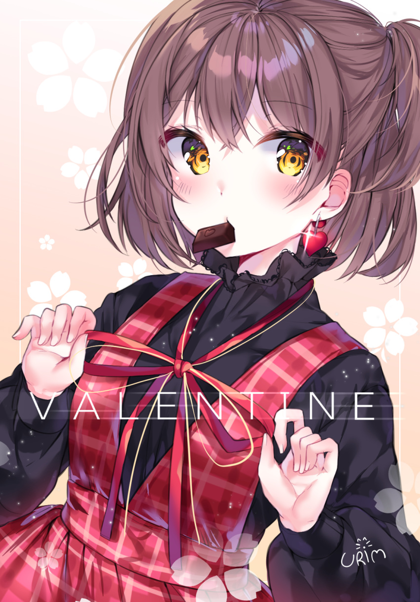 1girl bangs black_sweater blush brown_eyes brown_hair chocolate commentary copyright_request dress earrings eyebrows_visible_through_hair hair_between_eyes heart heart_earrings highres jewelry looking_at_viewer one_side_up red_dress solo sweater urim_(paintur) valentine