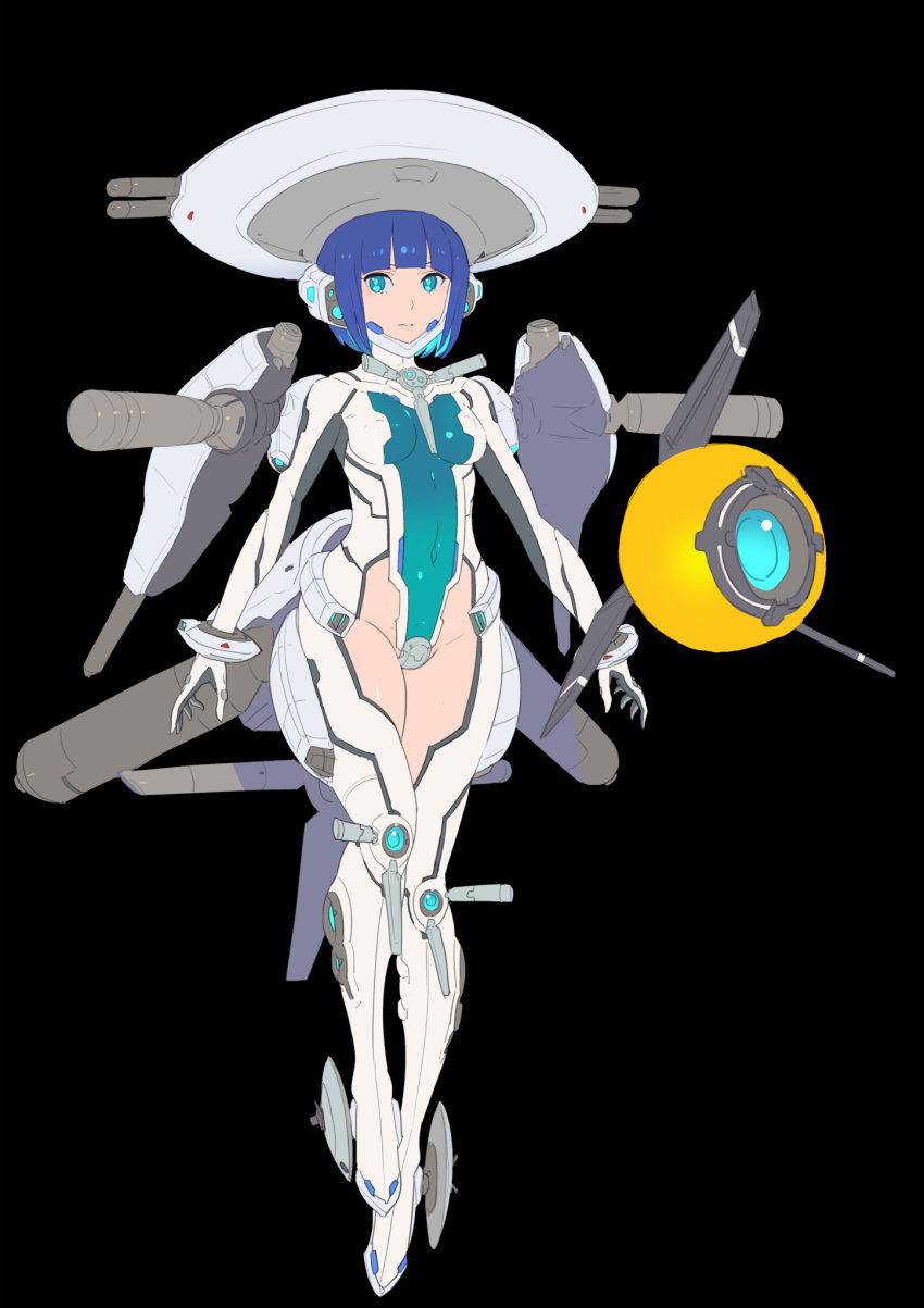 1girl bangs black_background blue_eyes blue_hair blunt_bangs bodysuit breasts character_request closed_mouth covered_navel full_body helmet high_heels highres leotard looking_at_viewer nagisa_kurousagi r-type short_hair simple_background small_breasts solo standing