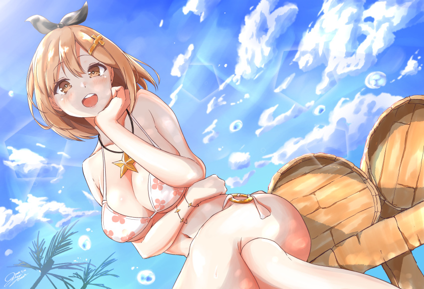 1girl alternate_costume atelier_(series) atelier_ryza bare_shoulders bench bikini black_ribbon blue_sky blush bracelet breasts brown_eyes brown_hair clouds crossed_legs dutch_angle fern hair_between_eyes hair_ornament hair_ribbon hairclip halterneck hand_on_own_chin highres jewelry large_breasts looking_at_viewer necklace o-ring o-ring_bottom ogura_toast open_mouth reisalin_stout ribbon short_hair sitting sky star star_necklace swimsuit thighs