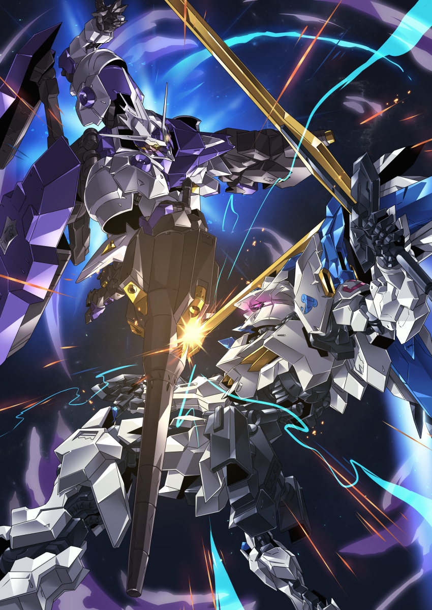 absurdres clash commentary_request dual_wielding duel glowing glowing_eyes gundam gundam_bael gundam_kimaris_vidar gundam_tekketsu_no_orphans highres holding lance mecha no_humans paintedmike pink_eyes polearm shield space sword weapon yellow_eyes