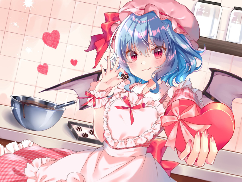 1girl apron bangs blue_hair bowl box chocolate commentary_request cowboy_shot dress dutch_angle eyebrows_visible_through_hair fang fang_out food frilled_apron frills glint hair_between_eyes hand_up hat hat_ribbon heart heart-shaped_box highres holding holding_box holding_food indoors looking_at_viewer mixing_bowl miyakoto mob_cap nail_polish pink_dress pink_headwear pink_nails plaid plaid_dress puffy_short_sleeves puffy_sleeves red_eyes red_ribbon remilia_scarlet ribbon short_hair short_sleeves skin_fang smile solo touhou wrist_cuffs