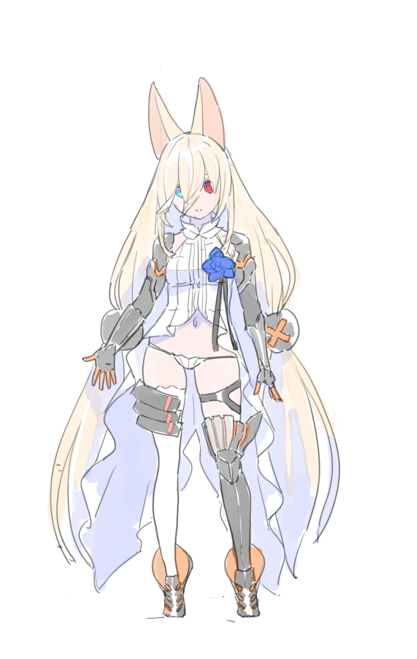 1girl animal_ears arms_at_sides asymmetrical_legwear blonde_hair blue_eyes blue_flower blue_rose boots character_request closed_mouth contrapposto flower full_body girls_frontline hair_between_eyes heterochromia highres leg_strap long_hair looking_at_viewer low_twintails mismatched_legwear nagisa_kurousagi navel panties red_eyes rose simple_background solo thigh-highs twintails underwear very_long_hair white_background white_panties