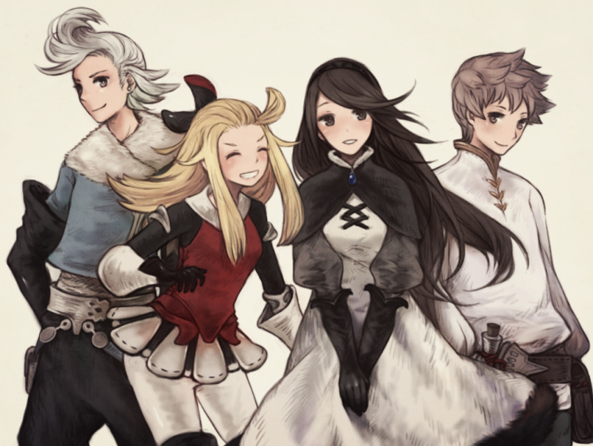 2girls agnes_oblige ahoge blonde_hair bow bravely_default:_flying_fairy bravely_default_(series) breasts brown_hair chizu_(fiute) closed_mouth dress edea_lee elbow_gloves gloves hair_bow long_hair looking_at_viewer multiple_boys multiple_girls open_mouth ringabel simple_background smile tiz_oria