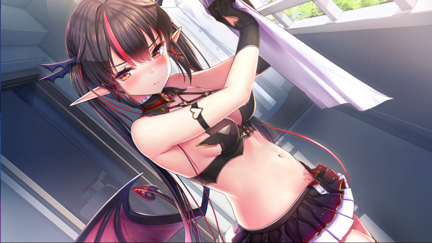 1girl :t akasaai arm_strap bare_shoulders black_gloves black_hair blush breasts cowboy_shot crop_top day demon_girl demon_tail demon_wings dutch_angle gloves hair_ornament holding layered_skirt long_hair looking_at_viewer lovelia medium_breasts midriff miniskirt multicolored_hair navel official_art orange_eyes outdoors pleated_skirt pointy_ears pout pubic_tattoo shirt skirt sleeveless solo standing stomach streaked_hair succubus tail tattoo troubledays twintails very_long_hair wings