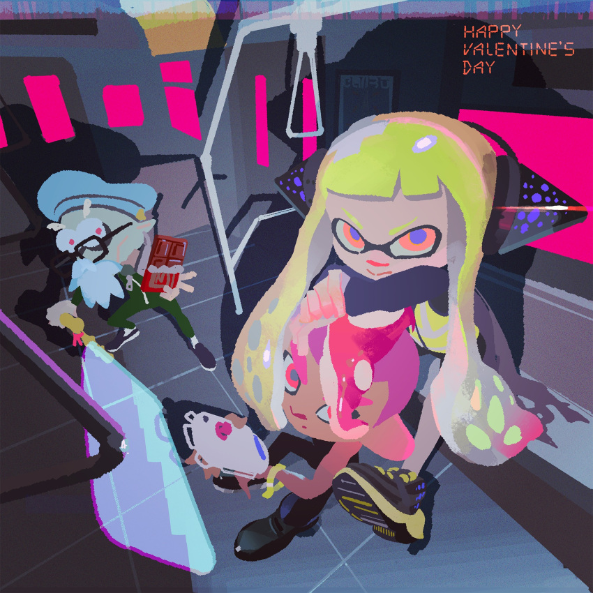 2boys beard chocolate commander_atarime dark_skin dark_skinned_male facial_hair glasses green_hair grey_hair head_rest headphones highres inkling jersey multiple_boys octoling official_art old_man pink_hair pointy_ears shoes sneakers splatoon_(series) splatoon_2 splatoon_2:_octo_expansion squidbeak_splatoon tentacle_hair train_interior valentine walking_stick