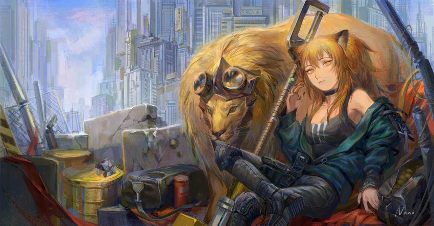 1girl animal_ears arknights bag black_nails black_shirt boots can choker city cityscape commentary_request concrete crossed_legs drum_(container) duffel_bag fence goggles goggles_on_head green_jacket hand_up jacket knee_pads lion lion_ears looking_at_viewer naux off-shoulder_jacket orange_hair shirt siege_(arknights) signature sitting soda_can solo tank_top tsurime weapon whiskers